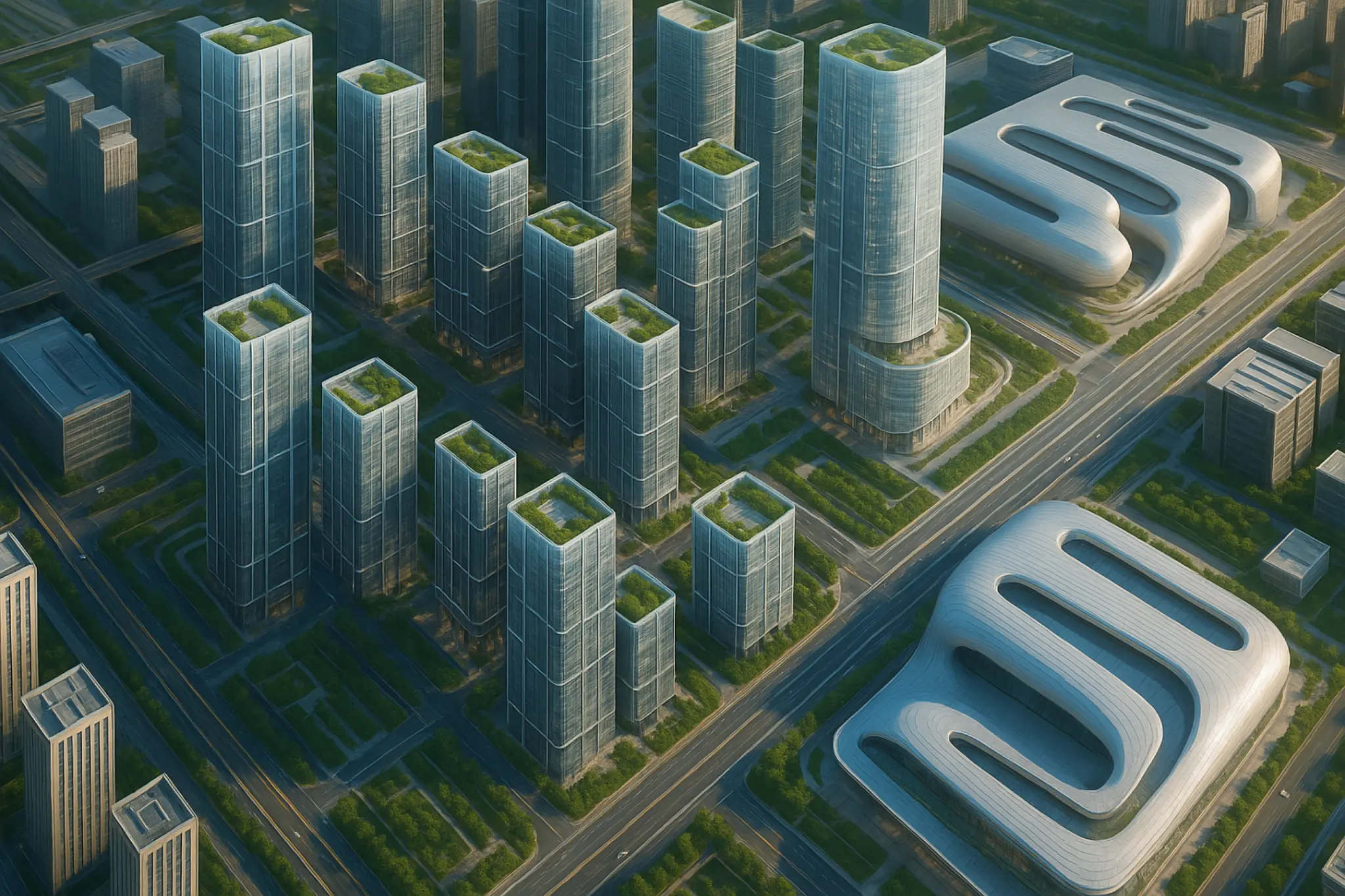 Modern commercial real estate buildings with sustainable green rooftop gardens showcasing AI-powered automation technology